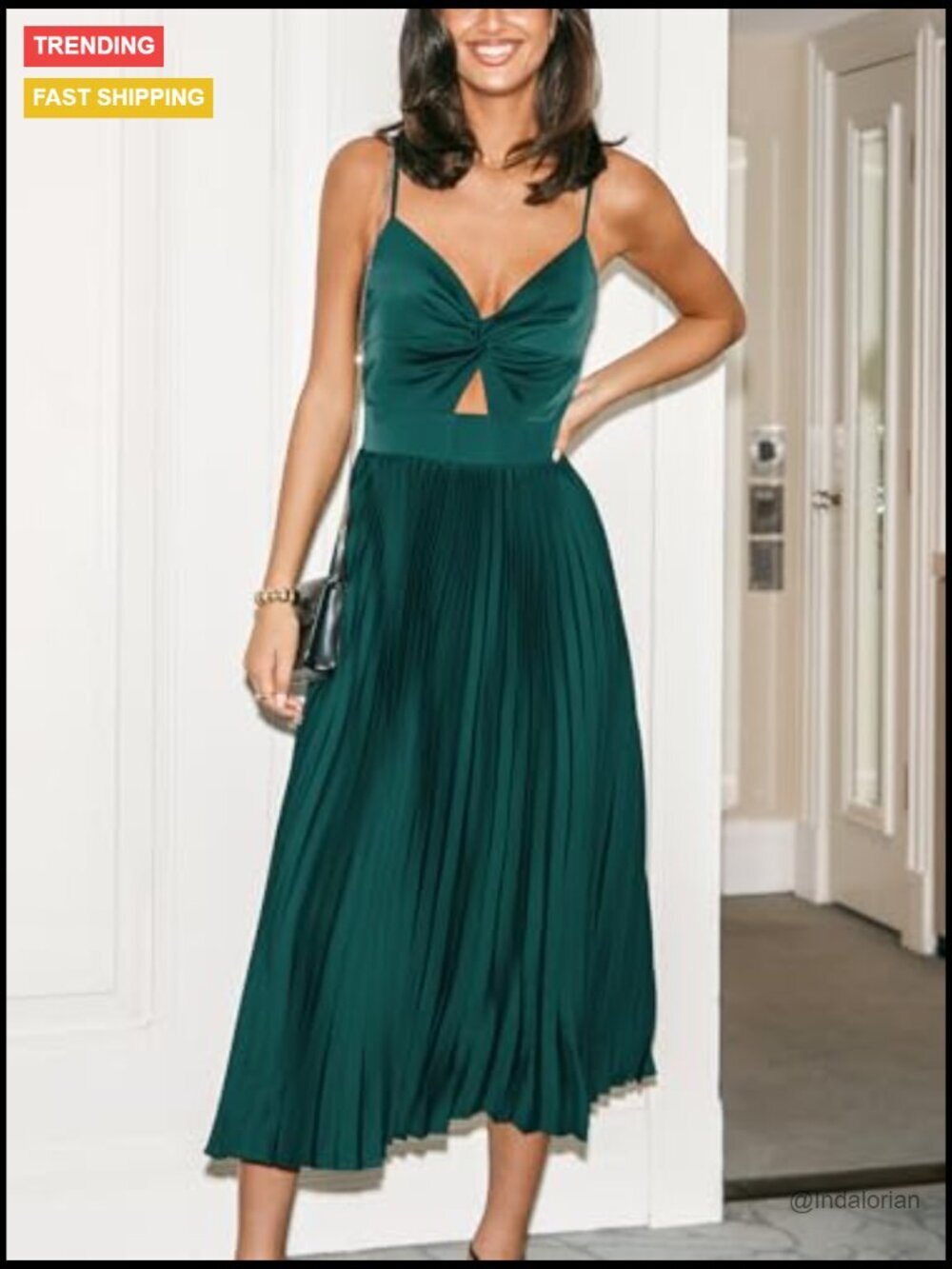 Midi Dress Spaghetti Straps Sleeveless Pleated Cutout Formal - Picture 5 of 5